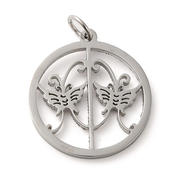 304 Stainless Steel Pendants, with Jump Ring, Flat Round, Stainless Steel Color, Butterfly, 33x29.5x2mm, Hole: 5.5mm