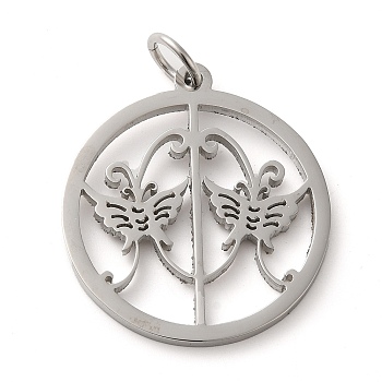 Non-Tarnish 304 Stainless Steel Pendants, with Jump Ring, Flat Round, Stainless Steel Color, Butterfly, 33x29.5x2mm, Hole: 5.5mm