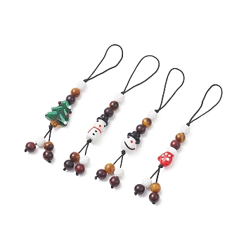 Christmas Handmade Lampwork Mobile Straps, with Wood & Synthetic Lava Rock & Natural Tiger Eye Beads, Nylon Thread Mobile Accessories Decoration, Snowman/Glove/Tree, Mixed Shapes, 120~130mm, 4pcs/set