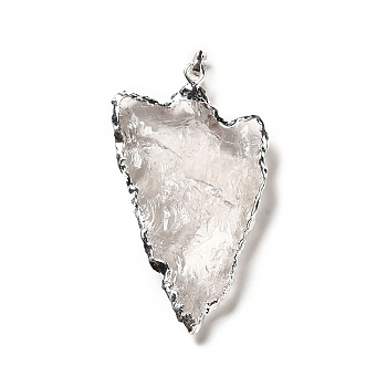 Natural Quartz Crystal Pendants, Rock Crystal Pendants, Triangle Charms, with Rack Plating Brass Findings, Platinum, 42~51.5x22.5~30x11~13mm, Hole: 7x4.5mm