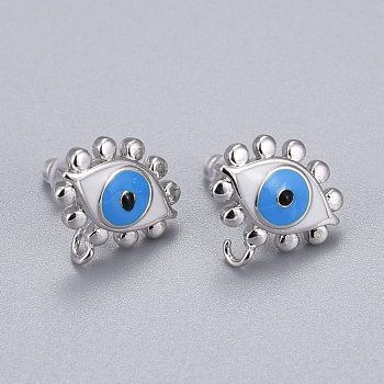 Brass Stud Earring Findings, with Enamel and Plastic Ear Nuts, Long-Lasting Plated, Evil Eye, Real Platinum Plated, 12.5x13mm, Hole: 1.2mm, Pin: 0.9mm