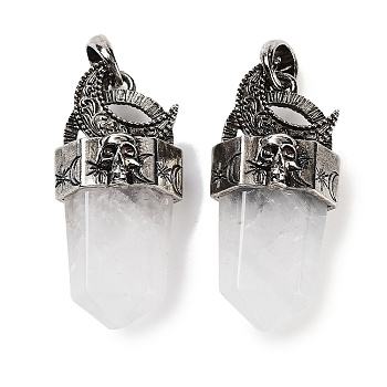 Natural Quartz Crystal Rock Crystal Faceted Sword Pendants, Rack Plating Antique Silver Plated Alloy Moon Charms, Cadmium Free & Lead Free, 47.5~48x21.5x13.5mm, Hole: 7x6.5mm