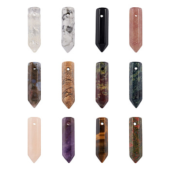 12Pcs 12 Style Natural Gemstone Pointed Pendants, Faceted, Bullet, 30~33x8~9mm, Hole: 1.4~1.6mm, 1pc/style