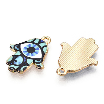 Printed Light Gold Tone Alloy Pendants, Hamsa Hand with Eye Charms, Turquoise, 23x18x2mm, Hole: 1.4mm