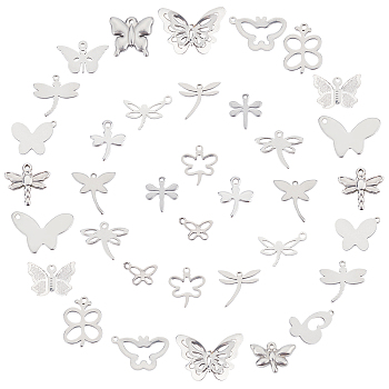 SUNNYCLUE 40Pcs 20 Style 304 Stainless Steel Pendants, Butterfly & Dragonfly, Stainless Steel Color, 2pcs/style