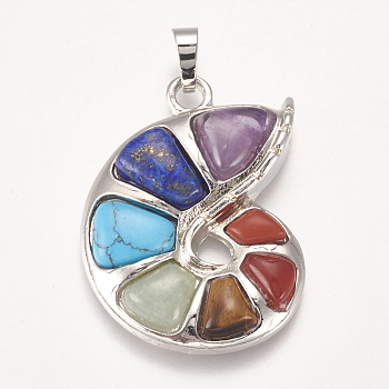 Chakra Jewelry, Natural Mixed Stone Pendants, with Brass Findings, Sea Snail Shape, Platinum, 39x31x6mm, Hole: 4.5x7mm