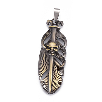 Tibetan Style Alloy Pendants, with Stainless Steel Findings, Feather with Skull, Antique Bronze, 54.5x19x7mm, Hole: 4mm