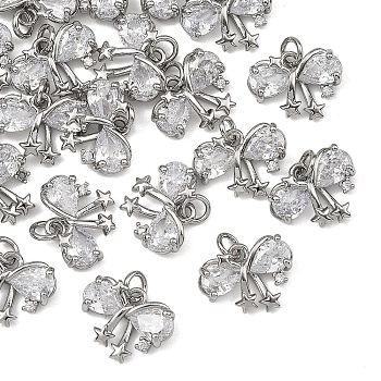 SHEGRACE Brass Pave Clear Cubic Zirconia Charms, Bowknot Charms, Cadmium Free & Nickel Free & Lead Free, Long-Lasting Plated, Platinum, 10x12x3mm, Hole: 2.5mm