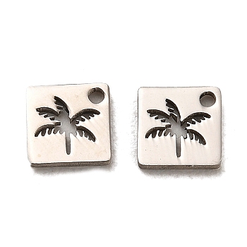 304 Stainless Steel Charms, Square with Coconut Tree Charm, Stainless Steel Color, 5.5x5.5x0.8mm, Hole: 1mm