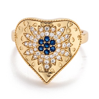 Brass Micro Pave Cubic Zirconia Cuff Rings, Open Rings, Long-Lasting Plated, Heart with Flower, Blue, Golden, US Size 6, Inner Diameter: 17mm