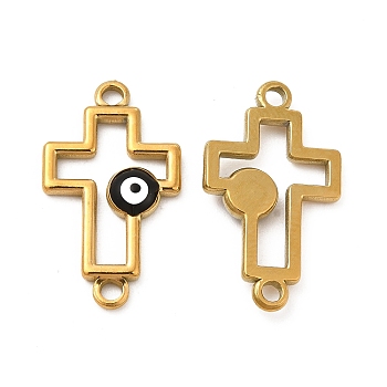 201 Stainless Steel Enamel Connector Charms, Real 24K Gold Plated, Religion Cross Links with Evil Eye, Black, 24x14x2.5mm, Hole: 1.8mm