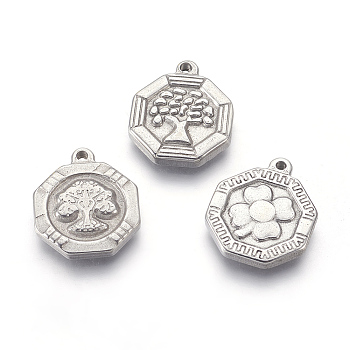 304 Stainless Steel Pendants, Octagon with Tree of Life or Clover, Stainless Steel Color, 18x15x3mm, Hole: 1.4mm