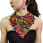 Bohemian Style Wood Round Beaded Pendant Necklaces & Dangle Earrings Sets, Colorful, 380mm(FS-WG26D1A-01)