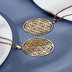 2Pcs 304 Stainless Steel Pendants, Spiritual Charms, Flat Round with Flower of Life/Sacred Geometric, Golden, 42x39x1.2mm, Hole: 8x6mm,(STAS-LP0004-47G)
