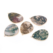 Natural Moss Agate Pendants, with Brass Findings, Golden, 42x30.5x1.5~2mm, Hole: 1.6mm(G-E526-02I)