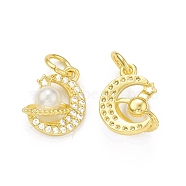 Rack Plating Brass Micro Pave Clear Cubic Zirconia Charms, with Plastic Imitation Pearl & Jump Ring, Cadmium Free & Lead Free, Long-Lasting Plated, Moon & Round Charm, Real 18K Gold Plated, 14x11x6.5mm, Hole: 3mm(KK-C011-55G)