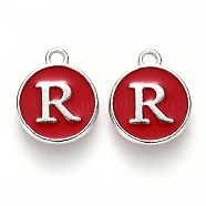 Platinum Plated Alloy Enamel Charms, Cadmium Free & Lead Free, Enamelled Sequins, Flat Round with Letter, Red, Letter.R, 14x12x2mm, Hole: 1.5mm(ENAM-S118-03R-P)