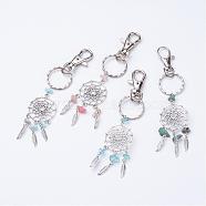 Woven Net/Web with Feather Alloy Keychain, with Natural Mixed Gemstone Beads and Iron Key Rings, Antique Silver and Platinum, 119mm(KEYC-JKC00108)