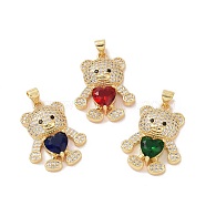 Brass Micro Pave Cubic Zirconia Pendants, Bear with Heart Charm, Real 18K Gold Plated, Mixed Color, 26.5x20x5.5mm, Hole: 3.5x4mm(ZIRC-I063-03)