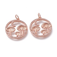 Autumn Theme Brass Micro Pave Clear Cubic Zirconia Pendants, with Jump Rings, Long-Lasting Plated, Flat Round with Mushroom, Real Rose Gold Plated, 21x19x3mm, Hole: 3.5mm(ZIRC-H104-01-RG)