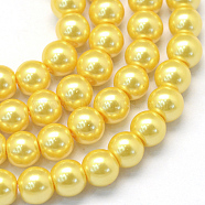 Baking Painted Pearlized Glass Pearl Round Bead Strands, Gold, 4~5mm, Hole: 1mm, about 210pcs/strand, 31.4 inch(X-HY-Q003-4mm-67)