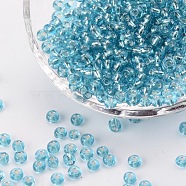 (Repacking Service Available) 6/0 Glass Seed Beads, Silver Lined Round Hole, Round, Pale Turquoise, 4mm, Hole: 1.5mm, about 12G/bag(SEED-C014-4mm-23)