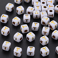Opaque White Acrylic Beads, Metal Enlaced, Cube with Letters, Letter.T, 4.5mm, Hole: 2mm, about 5000pcs/500g(MACR-Q242-010T)