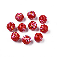 Opaque Printed Acrylic Beads, Round with Flower, FireBrick, 9x9.5mm, Hole: 1.8mm(MACR-T043-03C)