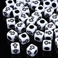 Opaque Acrylic Beads, Cube with Cross, White, 6x6x6mm, Hole: 3mm, about 2995pcs/500g(SACR-S273-36)