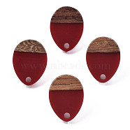 Opaque Resin & Walnut Wood Stud Earring Findings, with 304 Stainless Steel Pin, Teardrop, Dark Red, 17x13mm, Hole: 1.8mm, Pin: 0.7mm(MAK-N032-006A-B01)