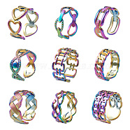 Mega Pet 9Pcs 9 Styles Rainbow Color 304 Stainless Steel Cuff Rings, Hollow Wide Open Rings for Women, US Size 7 1/4~8 3/4(17.5~18.7mm), 1pc/style(RJEW-MP0001-01)