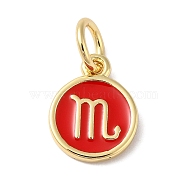 Real 18K Gold Plated Brass Enamel Charms, with Jump Ring, Long-Lasting Plated, Lead Free & Cadmium Free, Flat Round with Scorpio Charms, Red, 10x8x1mm, Hole: 4mm(KK-L216-001G-F03)