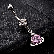 Piercing Jewelry, Brass Cubic Zirconia Navel Ring, Belly Rings, with 304 Stainless Steel Bar, Cadmium Free & Lead Free, Planet, Platinum, Pink, 39x12mm, Bar: 15 Gauge(1.5mm), Bar Length: 3/8"(10mm)(AJEW-EE0003-02B)