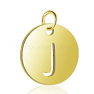 304 Stainless Steel Charms, Flat Round with Letter, Golden, Letter.J, 12x1mm, Hole: 2.5mm(STAS-S105-T514G-J)