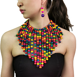 Bohemian Style Wood Round Beaded Pendant Necklaces & Dangle Earrings Sets, Colorful, 380mm(FS-WG26D1A-01)