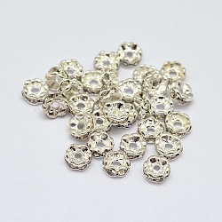 Flower Brass Rhinestone Bead Spacers, Silver Color Plated, 4x2mm, Hole: 1mm(RB-D302-S)