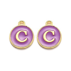 Golden Plated Alloy Enamel Charms, Enamelled Sequins, Flat Round with Alphabet, Letter.C, Purple, 14x12x2mm, Hole: 1.5mm(ENAM-Q437-12C)