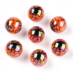 UV Plating Acrylic Beads, Iridescent, Halloween Theme, Round with Spider Pattern, Coral, 12mm, Hole: 2.4mm(PACR-N015-13A-01)