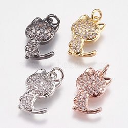 Brass Micro Pave Cubic Zirconia Kitten Charms, Cat Silhouette Shape, Mixed Color, 14x9x2.5mm, Hole: 2mm(ZIRC-E147-42)