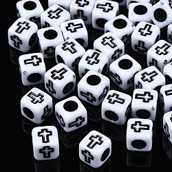 Opaque Acrylic Beads, Cube with Cross, White, 6x6x6mm, Hole: 3mm, about 2995pcs/500g(SACR-S273-36)