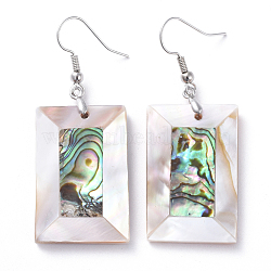 White Shell & Abalone Shell/Paua Shell Dangle Earrings, with Brass Ice Pick Pinch Bails and Earring Hooks, Rectangle, Platinum, 53mm, Pin: 0.7mm(EJEW-K081-03A)