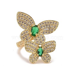 Green Cubic Zirconia Double Butterfly Open Cuff Ring, Rack Plating Brass Jewelry for Women, Cadmium Free & Lead Free, Real 18K Gold Plated, Inner Diameter: 16~17mm(X-RJEW-G251-04G)