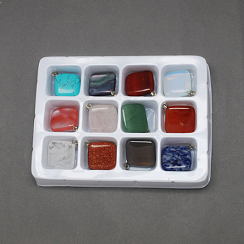 Gemstone Pendants, with Brass Clasps, Mixed Stone, Rhombus, Mixed Color, 29x25x5mm, Hole: 6x2mm, 12pcs/box