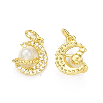 Rack Plating Brass Micro Pave Clear Cubic Zirconia Charms, with Plastic Imitation Pearl & Jump Ring, Cadmium Free & Lead Free, Long-Lasting Plated, Moon & Round Charm, Real 18K Gold Plated, 14x11x6.5mm, Hole: 3mm