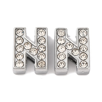 Alloy Initial Slide Charms with Grade A Rhinestones, for Personalized Name Necklaces Making, Lead Free & Nickel Free, Platinum, Letter.N, 12~13x8~13x4~5mm, Hole: 8x2mm