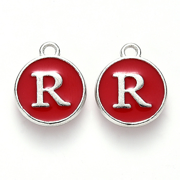Platinum Plated Alloy Enamel Charms, Cadmium Free & Lead Free, Enamelled Sequins, Flat Round with Letter, Red, Letter.R, 14x12x2mm, Hole: 1.5mm