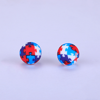 Printed Round with Puzzle Pattern Silicone Focal Beads, Colorful, 15x15mm, Hole: 2mm