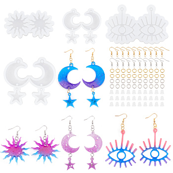 4Pcs 4 Style Eye & Sun & Moon Pendant Silicone Molds, Resin Casting Molds, For UV Resin, with 100Pcs Iron Open Jump Rings & 60Pcs Earring Hooks, 100Pcs Plastic Ear Nuts, White, 68~96x73~117x9mm, Hole: 3mm, Inner Diameter: 31~64x28~53mm, 1pc/style