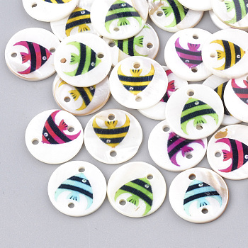 Printed Freshwater Shell Links connectors, Flat Round with Fish, Mixed Color, 18x2~2.5mm, Hole: 1.6mm