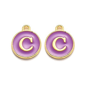 Golden Plated Alloy Enamel Charms, Enamelled Sequins, Flat Round with Alphabet, Letter.C, Purple, 14x12x2mm, Hole: 1.5mm